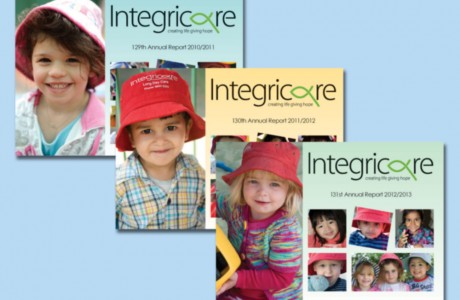 Graphic design for Integricare Annual Reports, 2011, 2012 and 2013, featuring children who attend Integricare’s child care centres and pre-schools.
