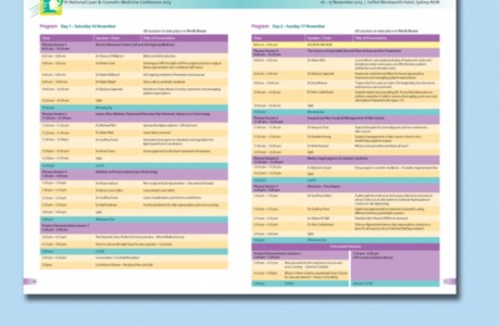 The design for the 9th National Laser & Cosmetic Conference 2013 handbook included a detailed Program that is colour coded to make it easy to follow.