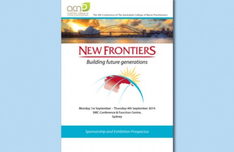 Graphic design for the Sponsorship and Exhibition Prospectus for The 9th Conference of The Australian College of Nurse Practitioners included a logo with the red Australian continent approaching a global horizon.