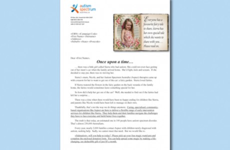 The letter for the Autism Australia mail pack included a letter with a fairy tale-style book and introduction.