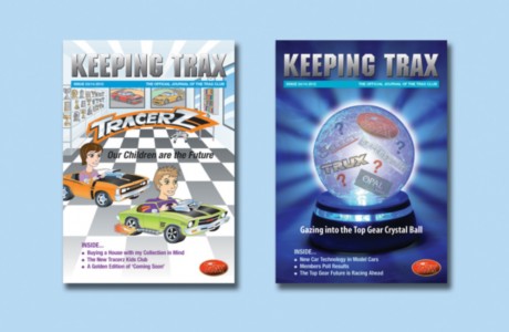 Graphic design for the covers of Keeping Trax, a quarterly journal published by Top Gear Pty Ltd, with news of their Trax model cars and collecting model cars in Australia.